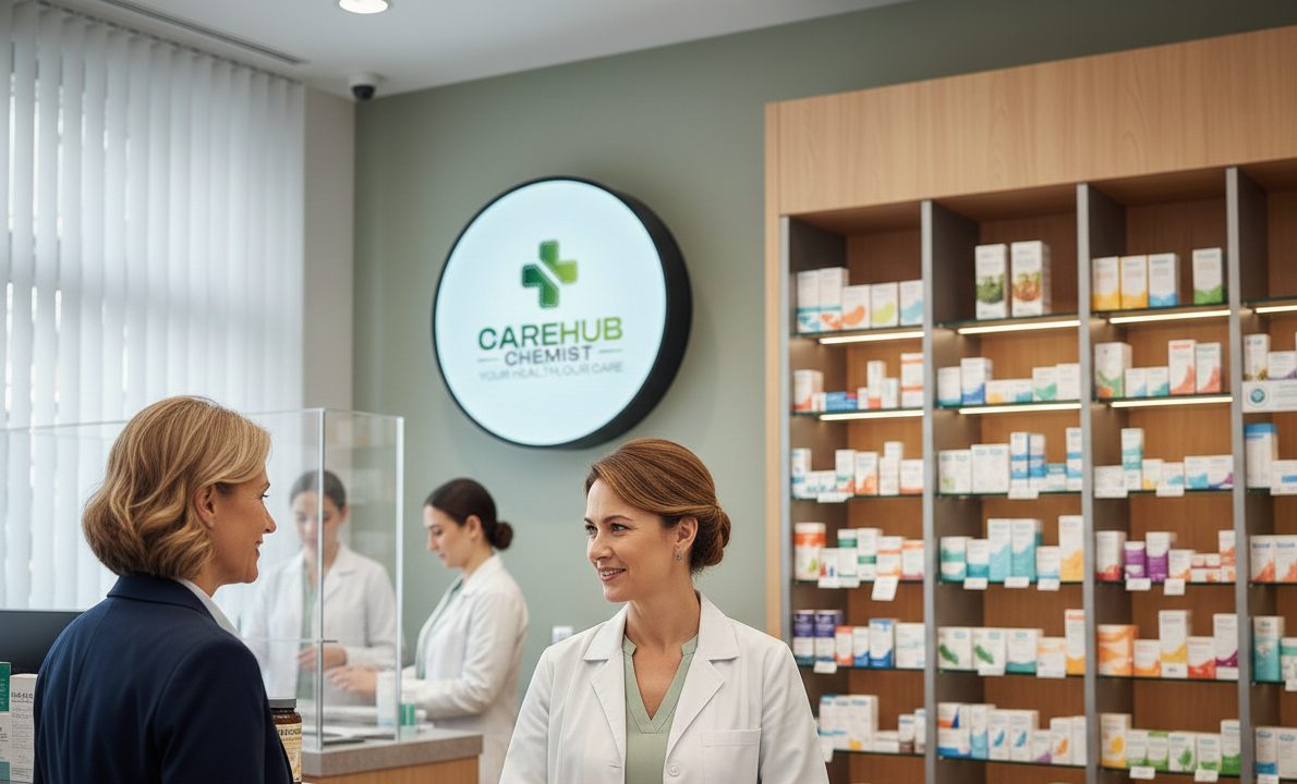 Inside CareHub Chemist, a pharmacist helping a customer at the counter